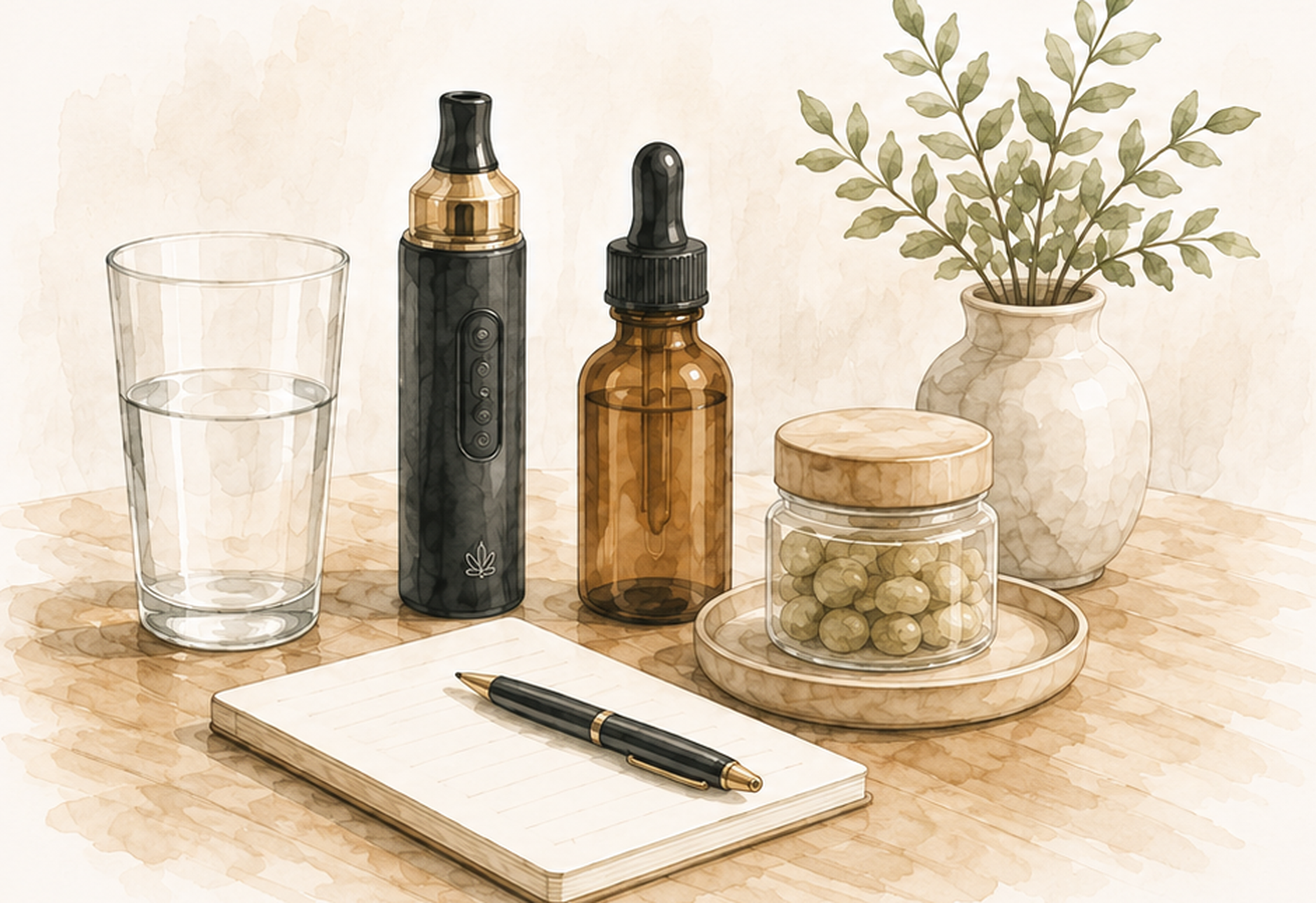 Aquarell-Illustration zur medizinischen Cannabis-Therapie: Tropffläschchen, Glas und Notizbuch