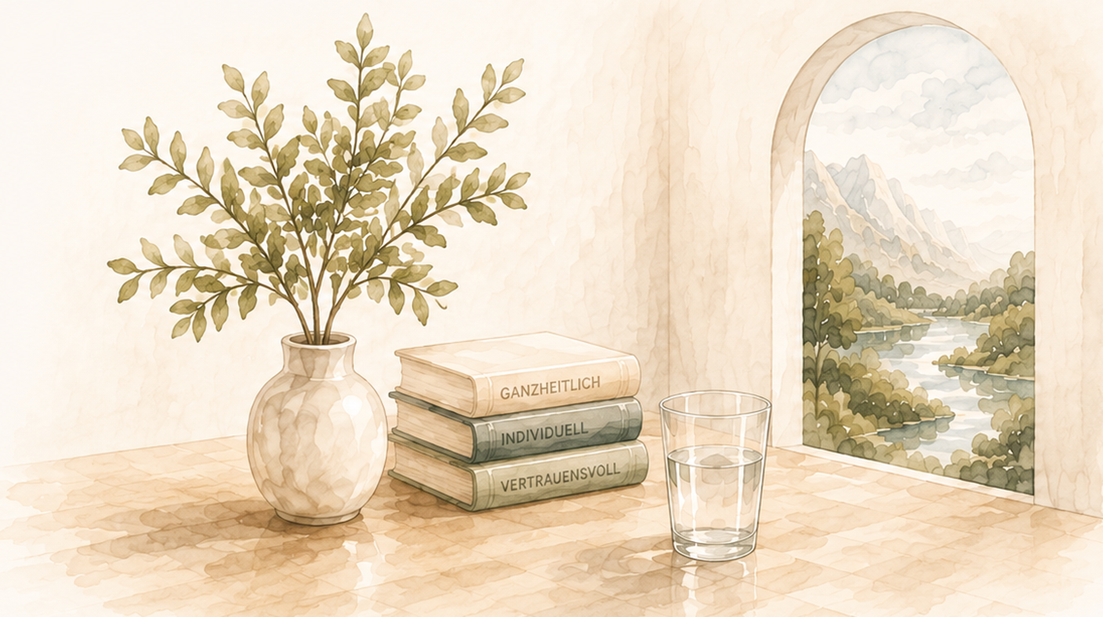 Aquarell-Illustration: Pflanze, Bücher und Wasserglas vor einem Fenster mit Berglandschaft – Sinnbild für ein Leben in Balance