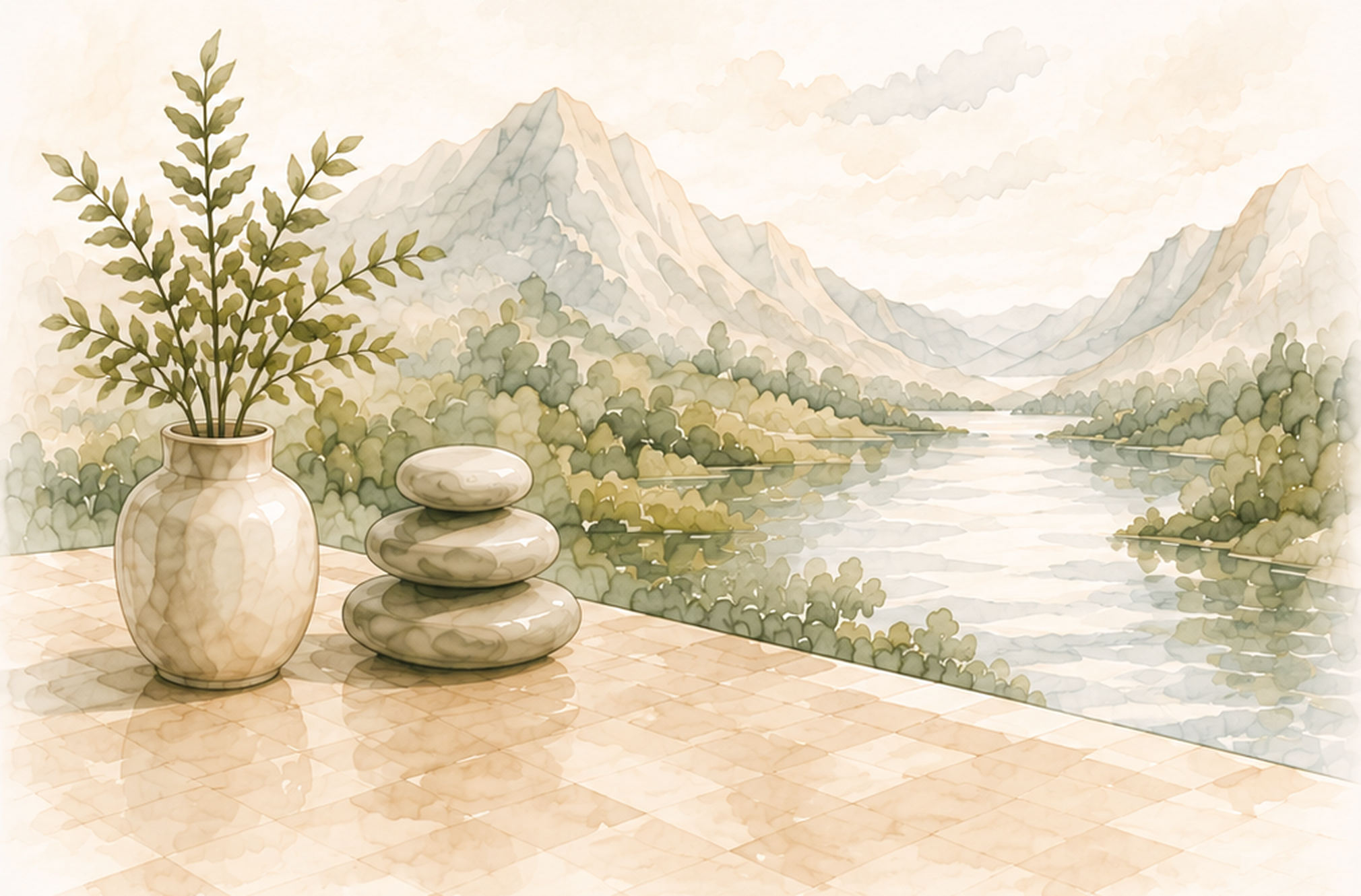 Aquarell-Illustration zur Longevity-Medizin: Pflanze, balancierte Steine und Berglandschaft am Wasser