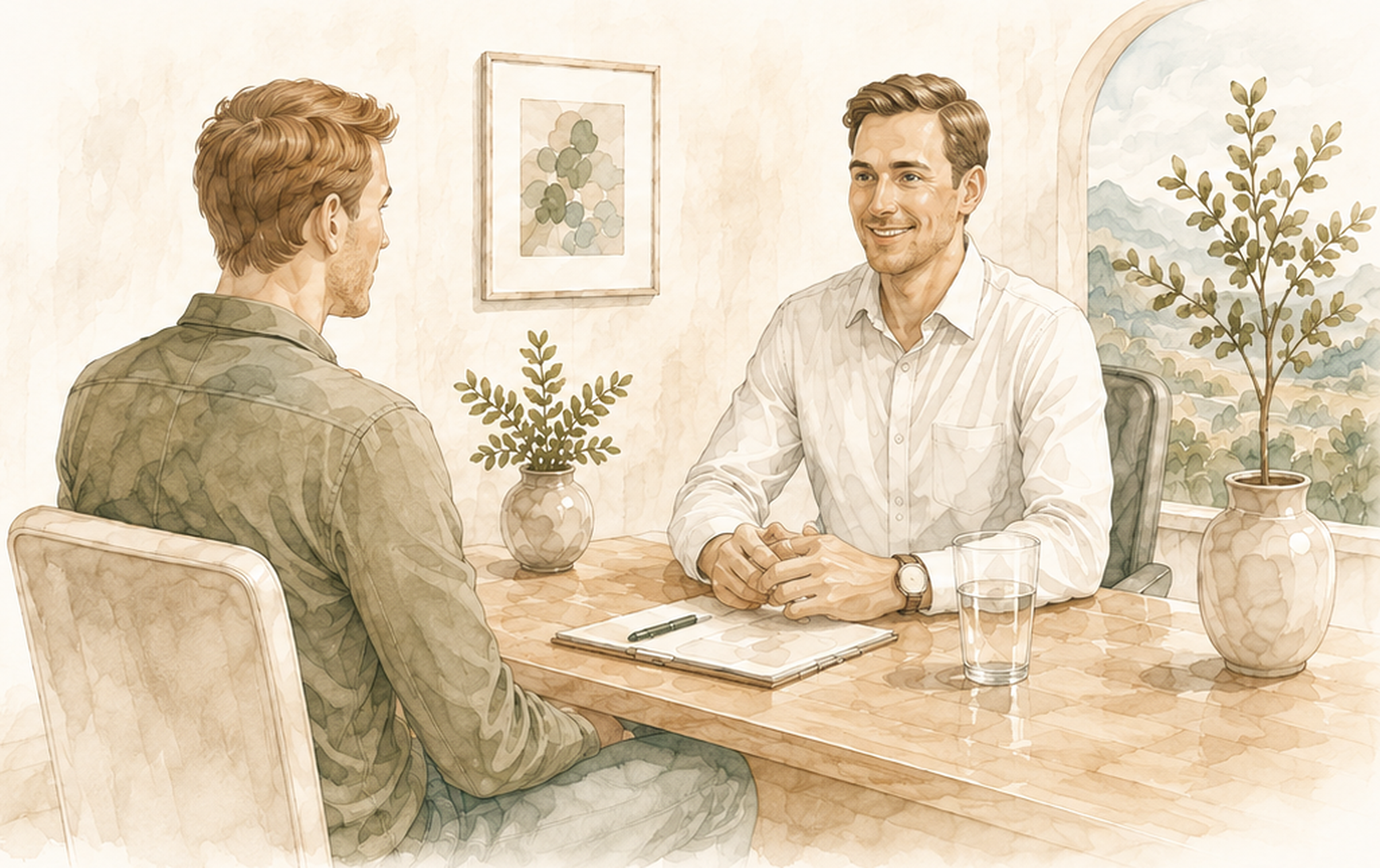 Aquarell-Illustration zur Männergesundheit: ärztliches Beratungsgespräch am Tisch